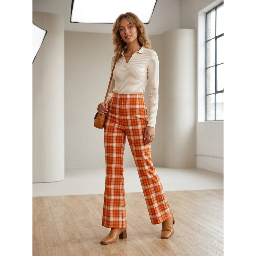 Monki Pant Women Orange Plaid High Waisted Flare Retro Checkered Trousers 40